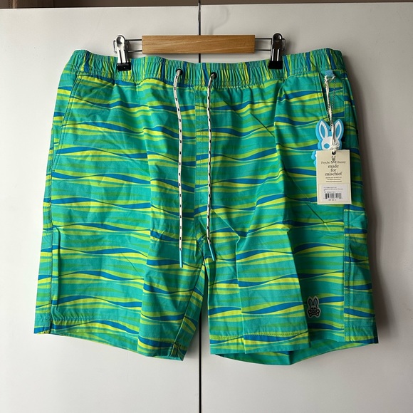 PSYCHO BUNNY Mens DOVER Swim Trunks Biscay Bay Size XL NWT Green/Yellow/Blue - Picture 1 of 4
